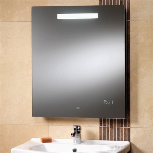 Rania Mirror with Back-Lit Light, LED Clock & Shaver Socket - 600 x 700mm